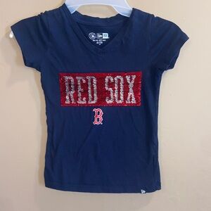 Girls Youth Boston Red Sox New Era Navy Flip Sequin Team V-Neck T-shirt size 4/5